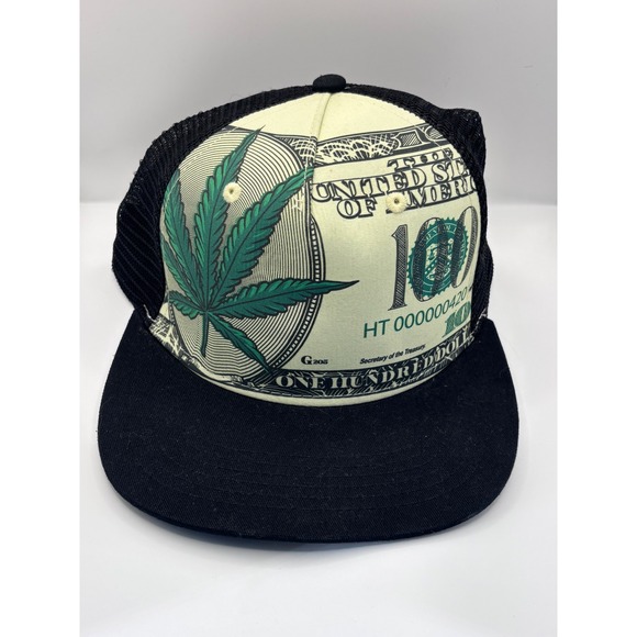 Other - Unbranded Trucker Hat Mens OSFM Black Weed Marijuana Leaf $100 Bill Money Print